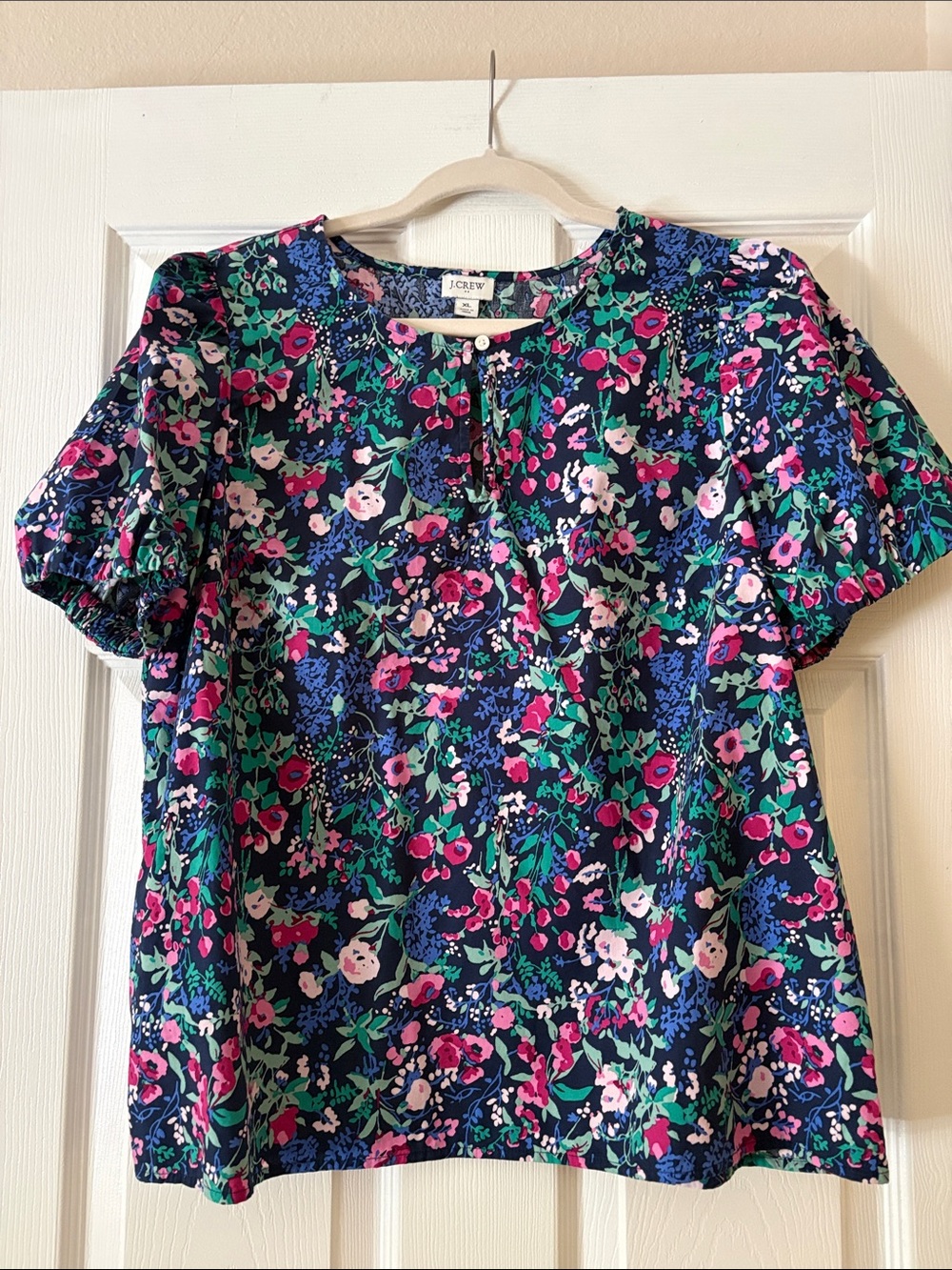 J. Crew Navy Floral Puff-Sleeve Top with Pink and Green Flowers